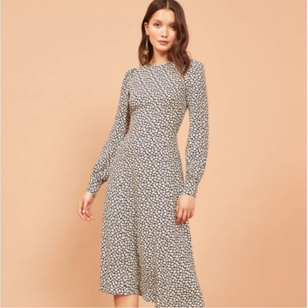 Reformation Josephine Long Sleeve Floral Midi Dress Navy Blue - Picture 12 of 12